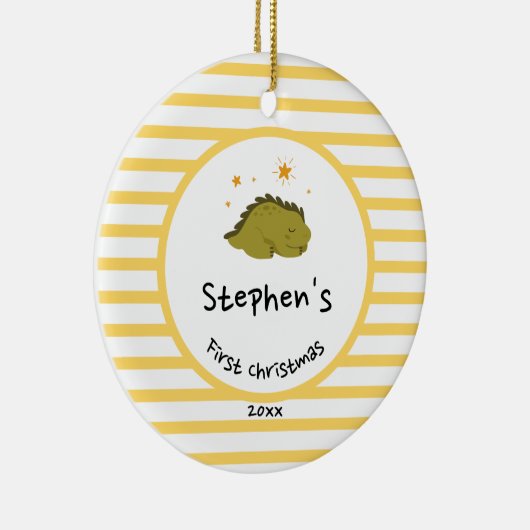 Green Baby Dino | Eerste kerstgeelstreep Keramisch Ornament (Rechts)