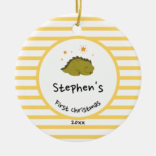 Green Baby Dino | Eerste kerstgeelstreep Keramisch Ornament (Voorkant)