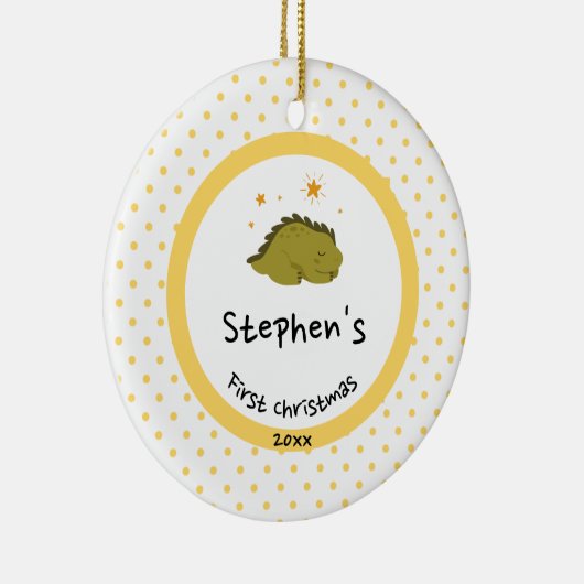 Green Baby Dino | Eerste kerstmangelpokadot Keramisch Ornament (Rechts)