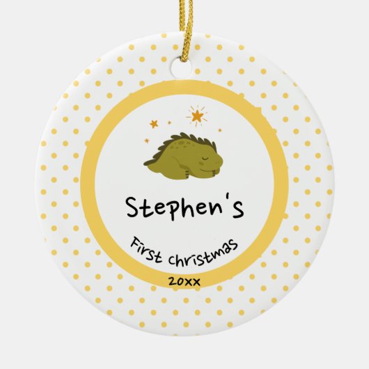 Green Baby Dino | Eerste kerstmangelpokadot Keramisch Ornament (Voorkant)