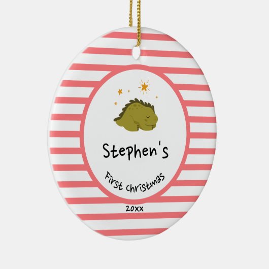 Green Baby Dino | Eerste kerstrode stripper Keramisch Ornament (Rechts)