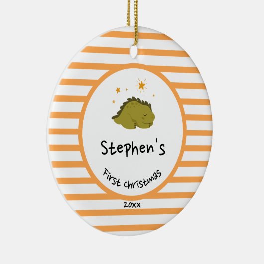Green Baby Dino | Eerste Oranje kerststreep Keramisch Ornament (Rechts)
