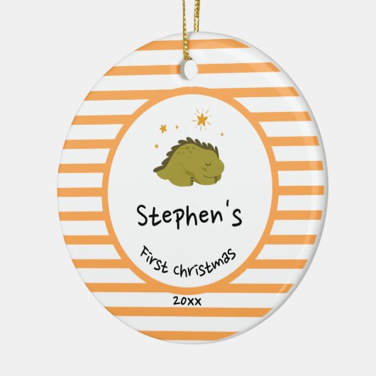 Green Baby Dino | Eerste Oranje kerststreep Keramisch Ornament (Links)