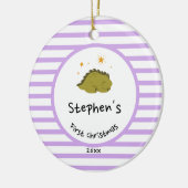 Green Baby Dino | Eerste Paarse kerststreep Keramisch Ornament (Links)