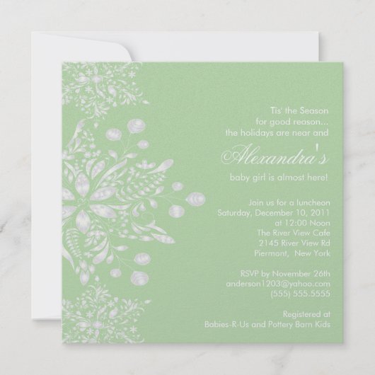 Green Baby shower Invitation Winter Snowflakes Kaart (Voorkant)