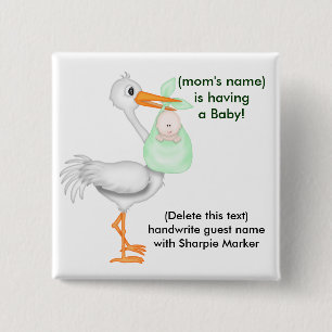 Green Baby shower Name pins Stork Vierkante Button 5,1 Cm