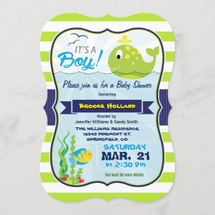 Green Baby Whale, Boy Baby shower Invitation Kaart