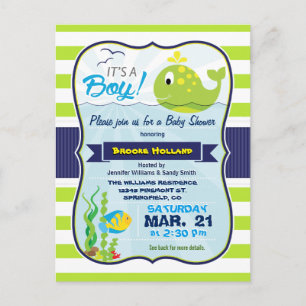 Green Baby Whale, Boy Baby shower Invitation Uitnodiging Briefkaart