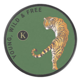 Green Background van Young, Wild & Free Tiger Mono Hockey Puck