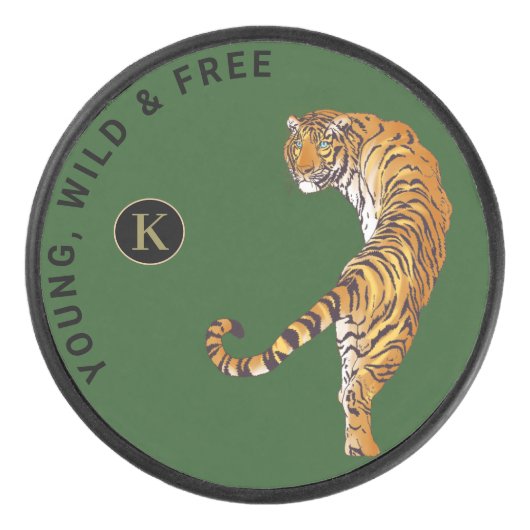 Green Background van Young, Wild & Free Tiger Mono Hockey Puck (Voorkant)
