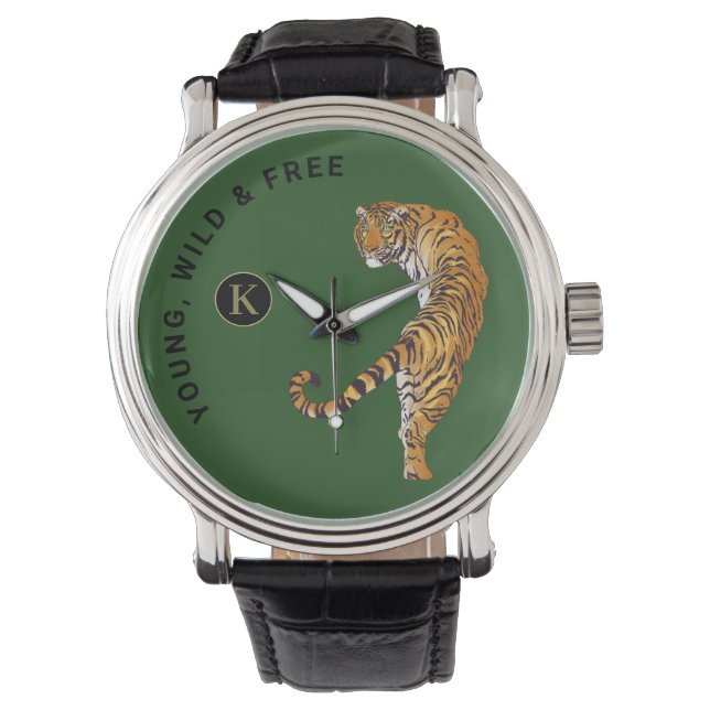 Green Background van Young, Wild & Free Tiger Mono Horloge (Voorkant)