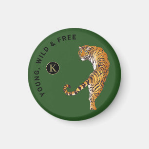Green Background van Young, Wild & Free Tiger Mono Magneet