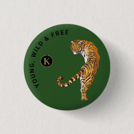 Green Background van Young, Wild & Free Tiger Mono Ronde Button 3,2 Cm