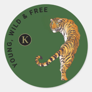 Green Background van Young, Wild & Free Tiger Mono Ronde Sticker