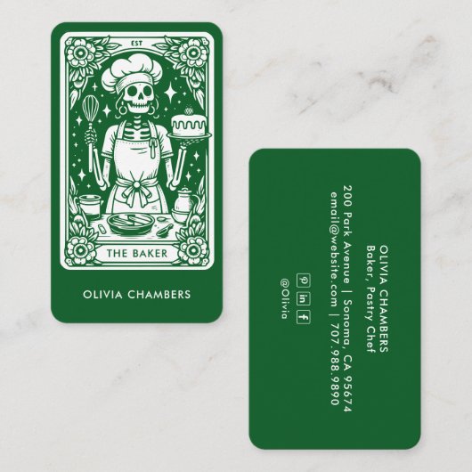 Green Baker Tarot Skeleton Pastry Chef Visitekaartje (Voorkant / Achterkant)