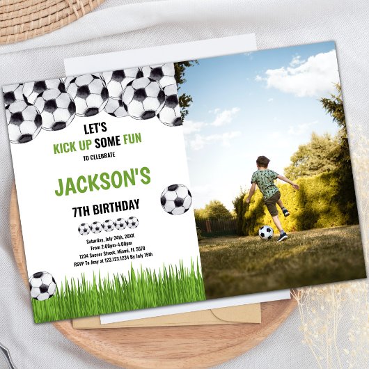 Green Ball Soccer Birthday Invitations w foto Kaart