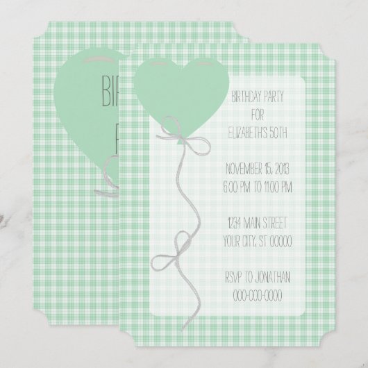 Green Balloon en Gingham Birthday Kaart (Voorkant / Achterkant)