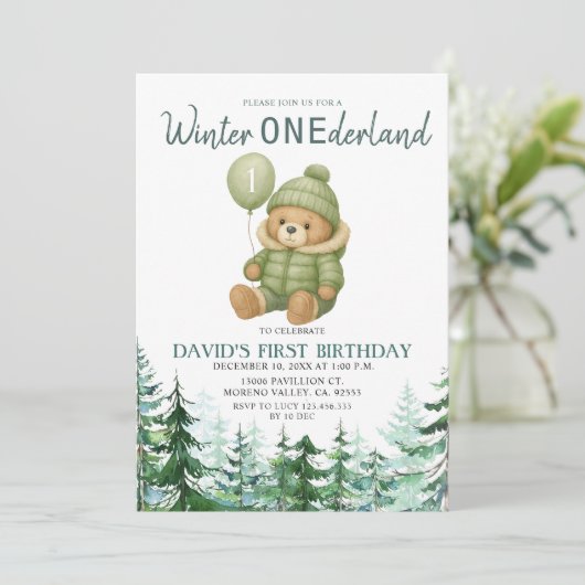 Green Balloon Winter ONEderland Verjaardagsfeest Kaart (Staand voorkant)