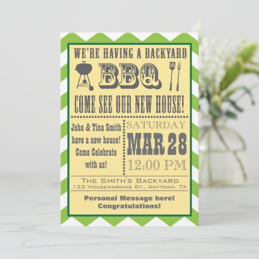 Green Barbecue Housewarming Invitation Kaart (Staand voorkant)