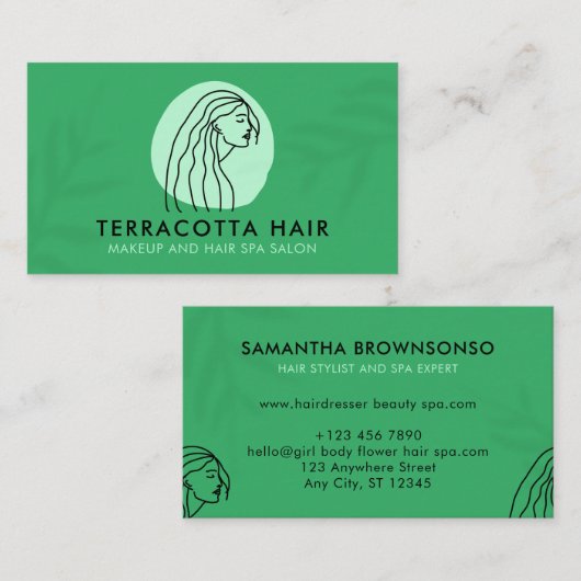 Green Barber Leaf Shade Vrouw Hair Visitekaartje (Voorkant / Achterkant)