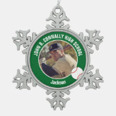 Green Baseball Player Photo High School Tin Sneeuwvlok Ornament (Voorkant)