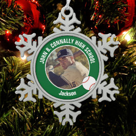 Green Baseball Player Photo High School Tin Sneeuwvlok Ornament