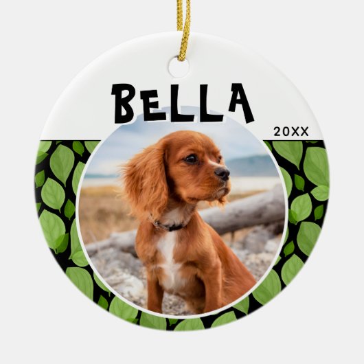 Green Basil Leaf Pattern Puppy Dog Foto Keramisch Ornament (Voorkant)