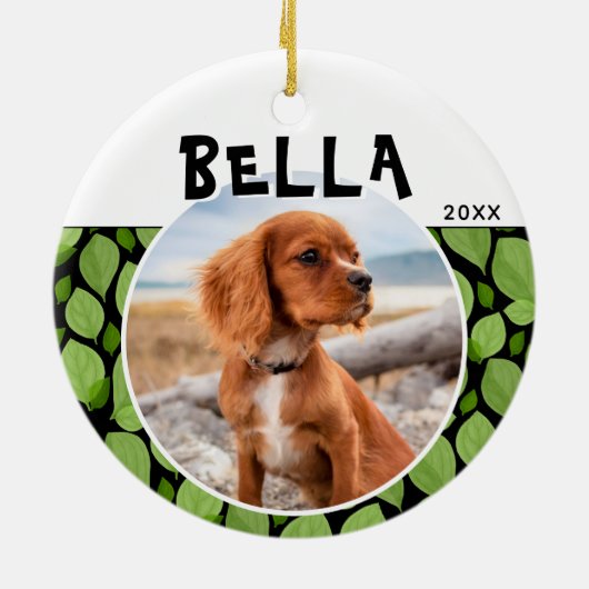 Green Basil Leaf Pattern Puppy Dog Foto Keramisch Ornament (Achterkant)