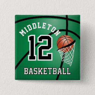 Green Basketball 🏀 en Hoop DIY-tekst Vierkante Button 5,1 Cm