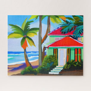 Green Beach House Tropische oceaan kunst Legpuzzel