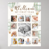 Green Beary First Birthday Photo Timeline Poster (Voorkant)