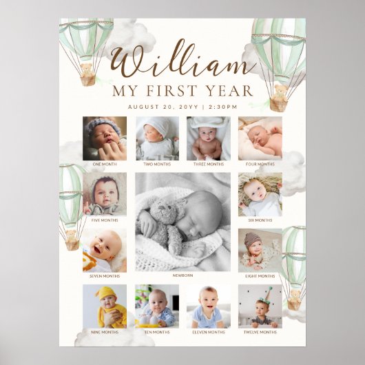 Green Beary First Birthday Photo Timeline Poster (Voorkant)