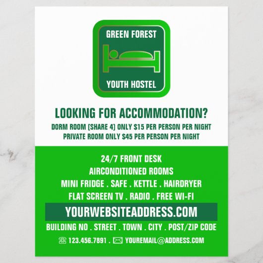 Green Bed Logo, Hostel Accommodatie Adverteren Flyer (Voorkant)