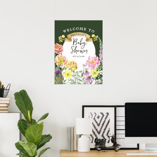Green Bee en Wildflower Baby shower Welkom Poster (Thuiskantoor)