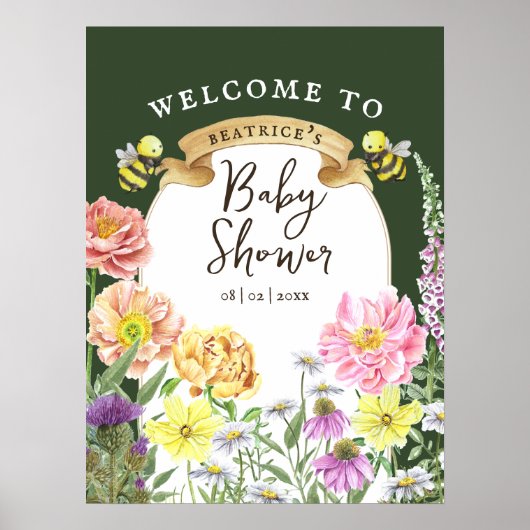 Green Bee en Wildflower Baby shower Welkom Poster (Voorkant)