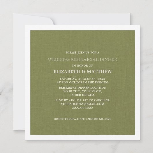 Green Beige Art Burlap Rehearsal Dinner Kaart (Achterkant)