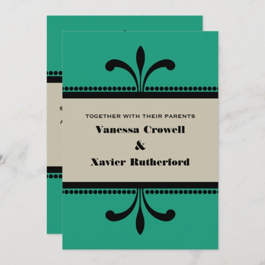 Green/Beige Fancy Art Deco Wedding Invite Kaart (Voorkant / Achterkant)
