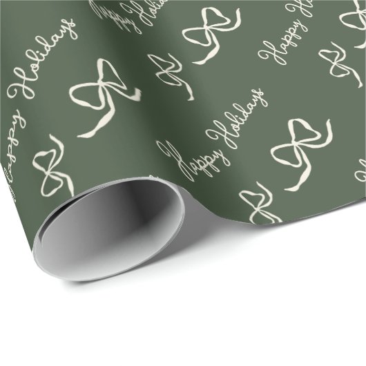 Green Beige Happy Holidays Bow Pattern Cadeaupapier (Rol Hoek)
