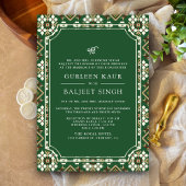 Green Beige Ikat Anand Karaj Sikh Wedding Kaart