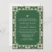 Green Beige Ikat Anand Karaj Sikh Wedding Kaart (Voorkant)
