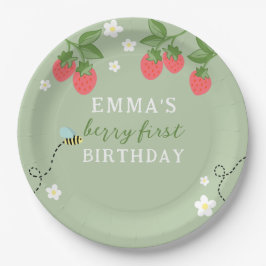 Green Berry First Pink Strawberry and Flowers Papieren Bordje