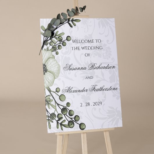 Green Berry Wreath Boho Damask Wedding Welkom Poster