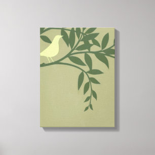 Green Bird Perched on Green Branch Canvas Afdruk