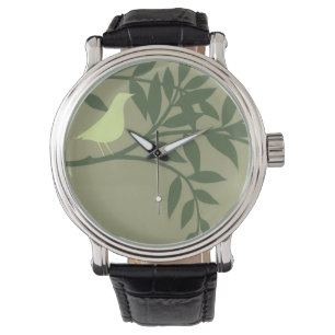 Green Bird Perched on Green Branch Horloge