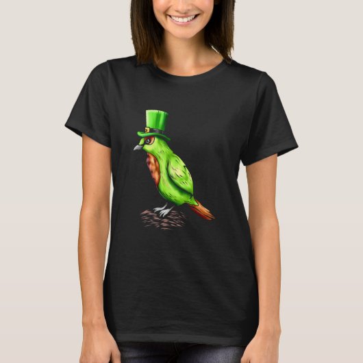 Green Bird With Leprechaun Hat On St Patricks Day T-shirt (Voorkant)
