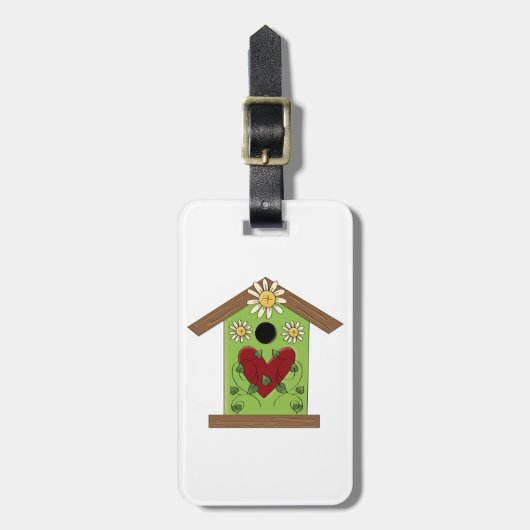 Green Birdhouse met hart en madeliefjes Bagagelabel (Voorkant verticaal)