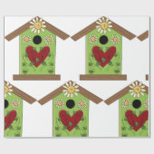 Green Birdhouse met hart en madeliefjes Cadeaupapier (Vlak)