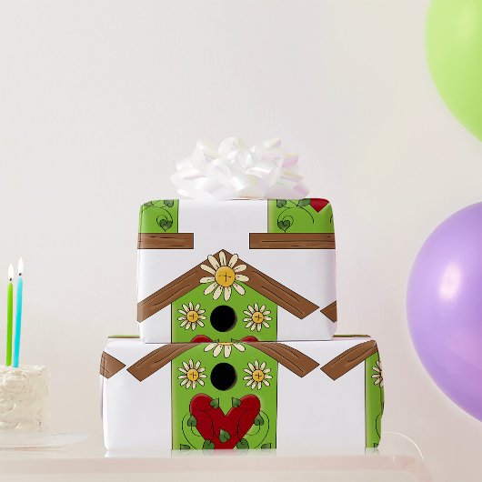 Green Birdhouse met hart en madeliefjes Cadeaupapier