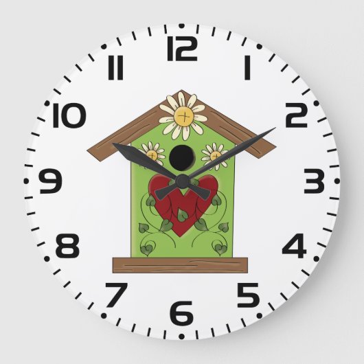 Green Birdhouse met hart en madeliefjes Grote Klok (Voorkant)