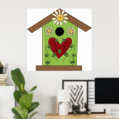 Green Birdhouse met hart en madeliefjes Poster (Thuiskantoor)
